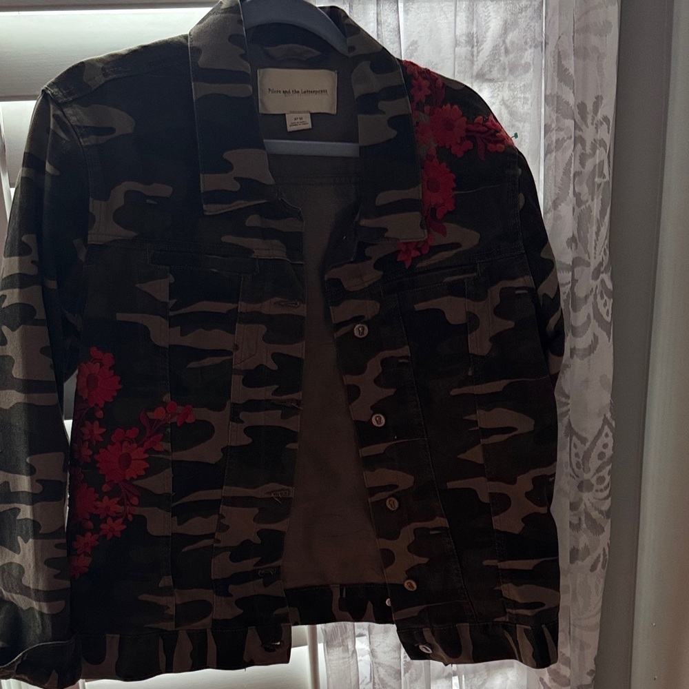 Pilcro and the Letterpress Camouflage Jean Jacket with Red Floral Design